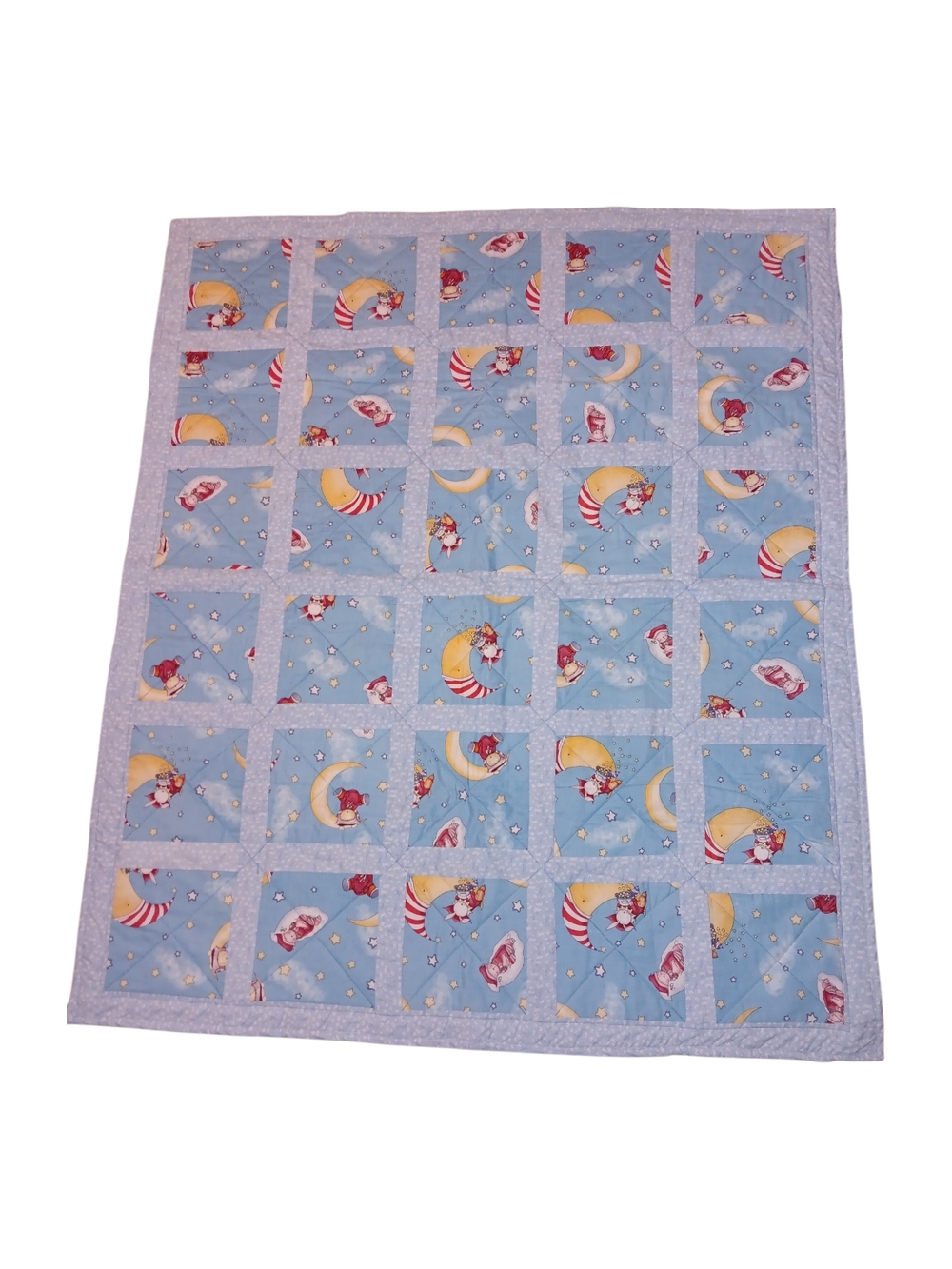 Handmade Nursery Patchwork Baby Quilt in Light Blue with Moon Print